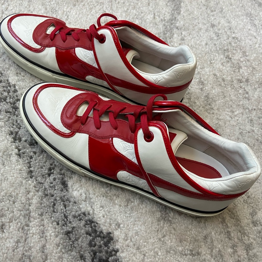 Louis Vuitton Leather Low Top Sneakers Size 10 White & Red - Picture 2 of 6